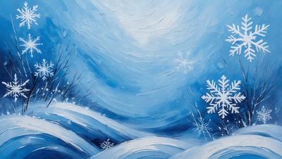 The primary subject of the image is a snowy landscape with a blue sky. The setting is a snow-covered field, and the visual style is a painting or drawing. The colors and mood of the image are predominantly blue and cold, creating a serene and tranquil atmosphere.